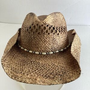 Conner Raffia Straw Cowboy Hat Western Vented Summer Festival Beaded Band